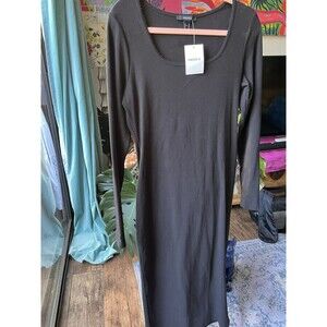 Forever 21 XL Black Long Cotton Spandex Knitted Dress with Front Bow Long Sleeve